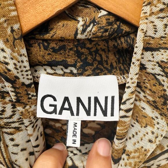 GANNI Mesh Turtle Neck Top Long‎ Sleeves Tiger Eye Brown Women’s Size 36 (US 4) - Picture 6 of 10